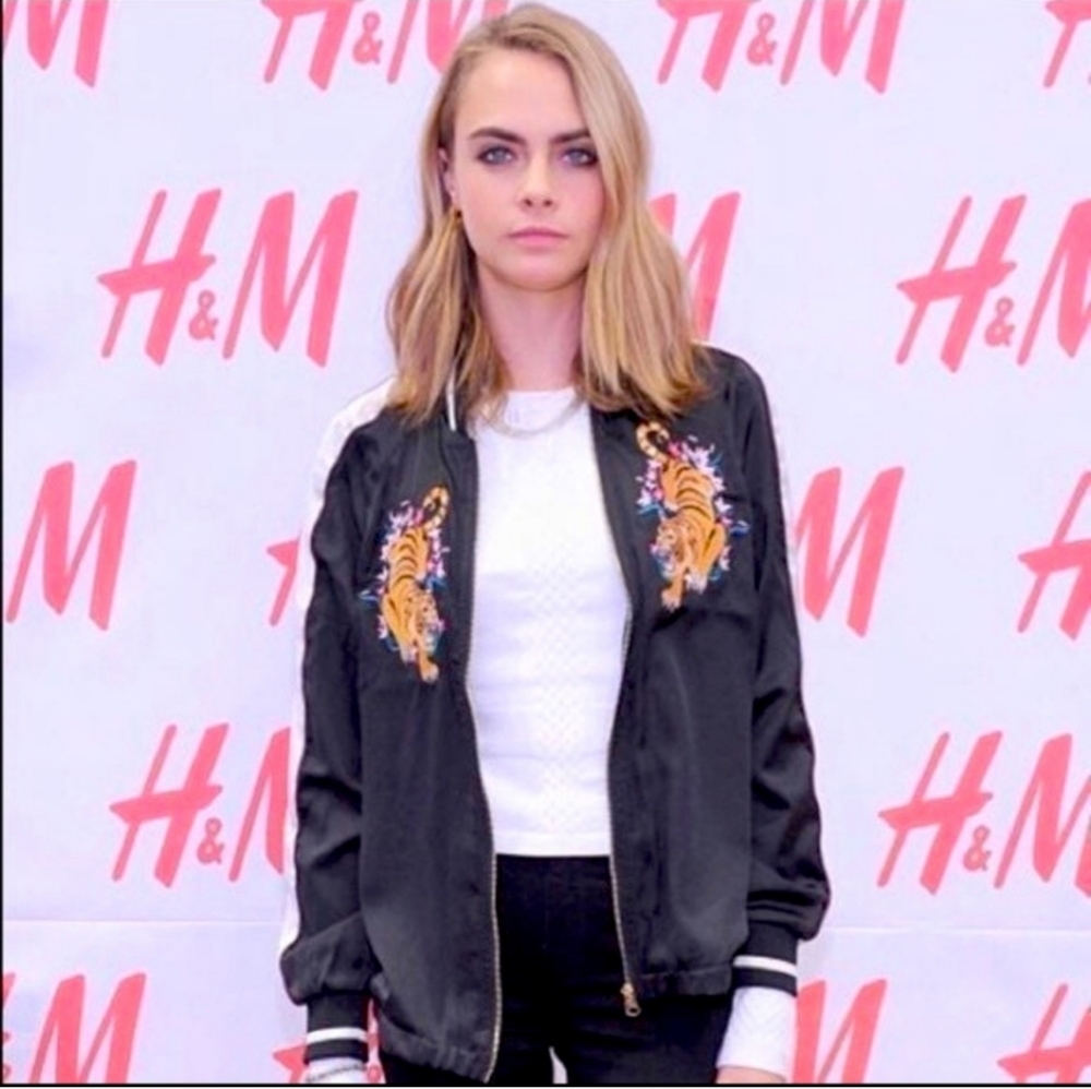 H&M Divided Japan Embroidered Black Satin Tiger Bomber Jacket.